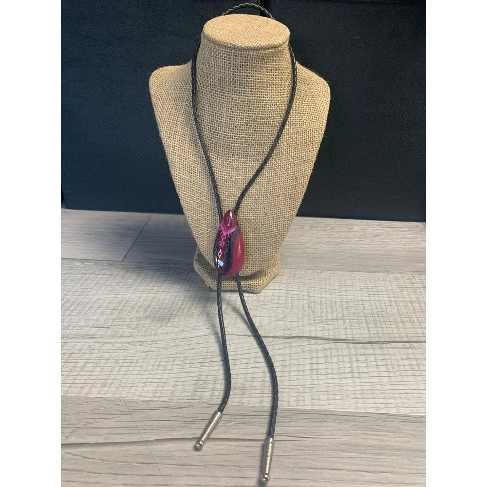Vintage Hand Painted Magenta Tribal Teardrop Bolo Tie Black Braided Cord 3871